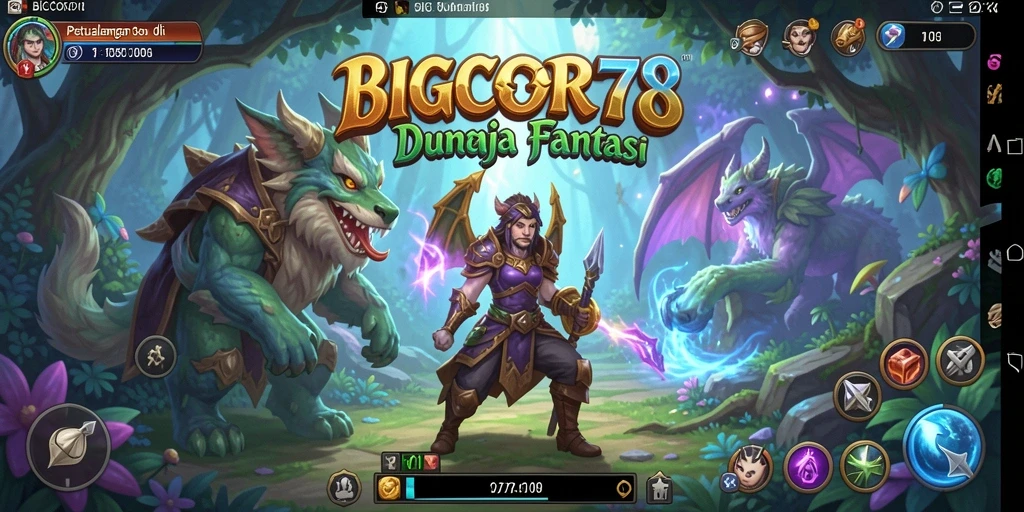 Screenshot gameplay BIGCOR78 menampilkan karakter menjelajahi hutan yang indah.