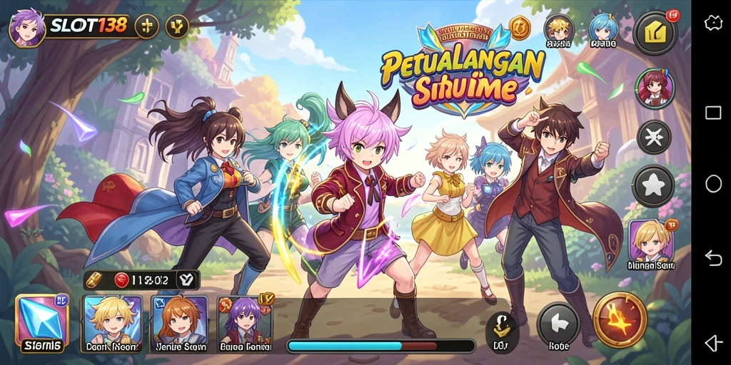 Tampilan utama SLOT138 menunjukkan karakter anime yang menarik dalam aksi slot.